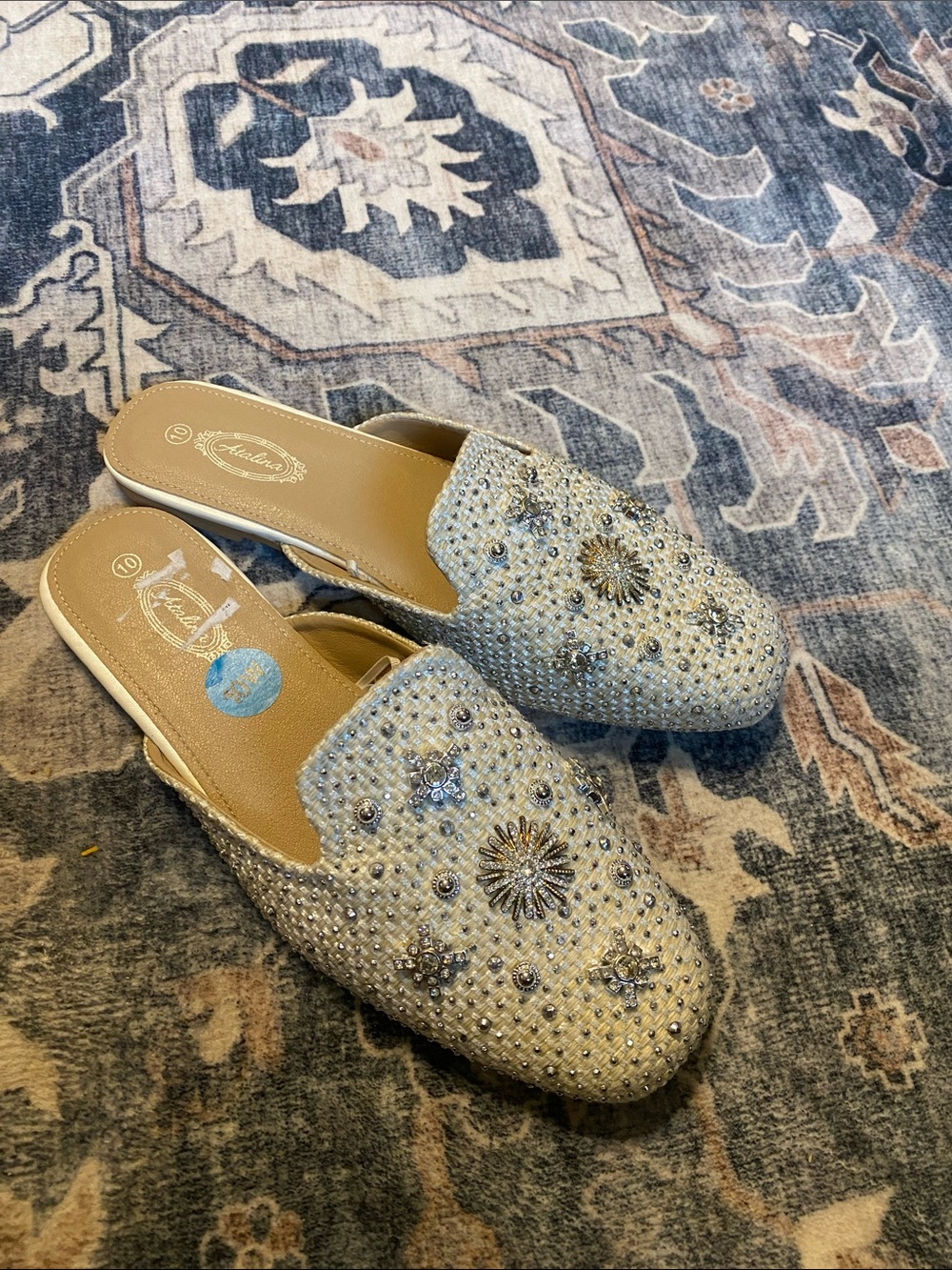 Beaded Embellished Slip-On Mules in Ivory